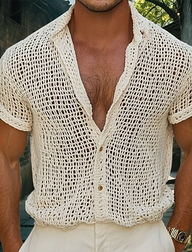  Voor heren Overhemd Zomer overhemd Normaal shirt Strand hemd Overhemd met knopen Beige Korte mouw Effen Revers Vakantie Hawaii Gat Kleding Polyester Modieus Casual Comfortabel