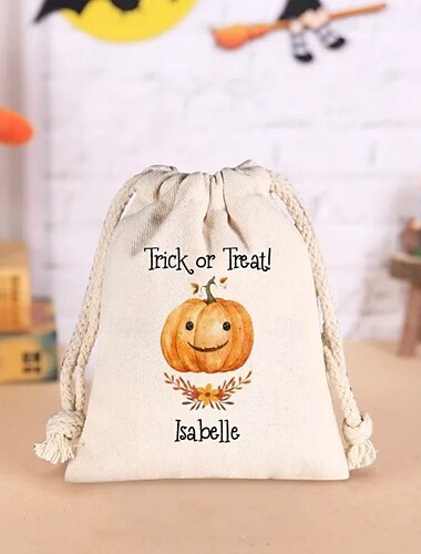  Borsa per dolcetti di Halloween con nome personalizzato per bambini, borsa per caramelle personalizzata per dolcetto o scherzetto, sacco regalo in tela in stile foresta disegnato a mano, graziosa