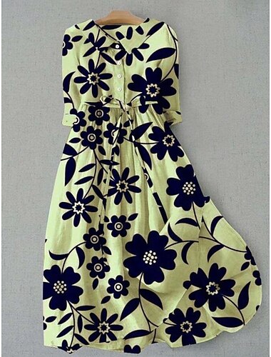  Damen Midikleid Shiftkleid Sommerkleid Urlaub Lässig Boho Täglich Normale Passform Blumen Grafik Halbarm Revers Rosa Grün Dunkelblau Sommer Frühling