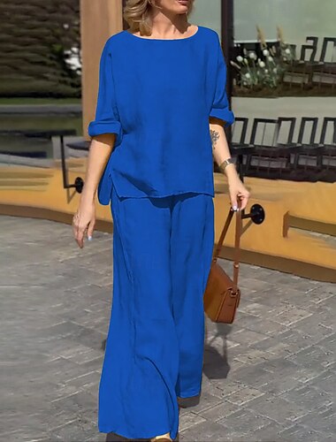  Damen Aktiv Mode Bluse Hosen-Sets Dreiviertelarm Rundhalsausschnitt Einfarbig Seitenschlitz Täglich Ferien Gelb Blau Grün Sommer Normale Passform