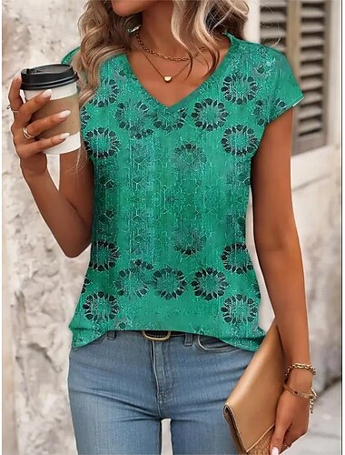 Damen Boho-T-Shirt Bluse Grafik Pflanzen Elegant Vintage Stilvoll Ärmellos Kurzarm V Ausschnitt Normale Oberteile Täglich Druck Rote Blau Grün Sommer Frühling