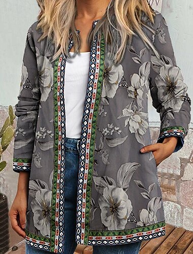  Damen Freizeitjacke Warm Bequem Tasche Mode Modern Blumen Straße Ausgehen Regulär Kragenlos Normale Passform Langarm Oberbekleidung Blau Dunkelblau Dunkelgray Herbst Winter