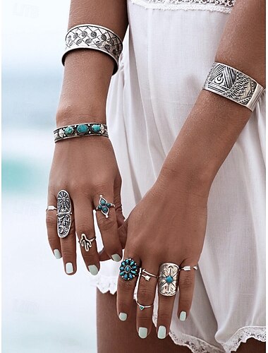  Boho-Vintage-Ringset für Damen im Türkis-Look – 9-teiliges, verstellbares Midi-Ringset in Antik-Silber für Gypsy-Festivals, Strandmode und lässiges Styling