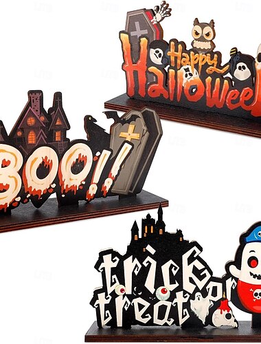 3 Stück Halloween-Tischdekoration, Holzschilder für die Tischdekoration – Happy Halloween, Trick or Treat, rustikale Partydekoration aus Holz