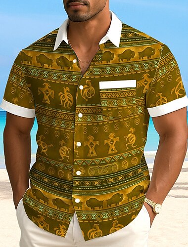  Herren Indianer Ethnisch Kokopelli Hemd Sommerhemd Knopfhemd Kurzarm Vintage-Retro Outdoor Urlaub Alltagskleidung Sommer Frühling Umlegekragen 3D-Druck Hemden mit Kragen Eine Tasche vorne Braun Grün