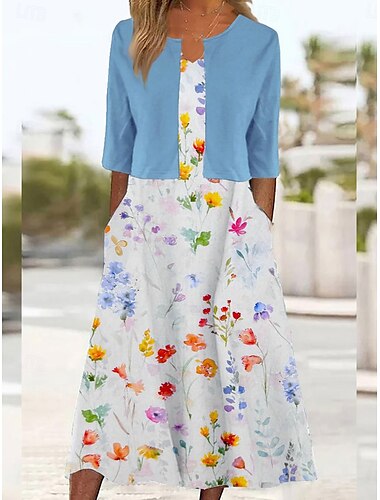  Damen Kleid-Set A Linie Kleid Sommerkleid Party Halbformelle Kleider Blumen Grafik Druck Midikleid Halbarm V Ausschnitt Hochzeitsgast Täglich Weiß Blau Grün Sommer Frühling Normale Passform
