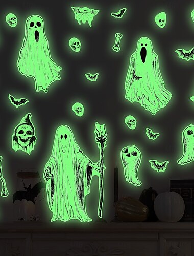  Halloween väggfönsterdekaler som lyser i mörkret, läskiga ögon spökansikten dekaler fluorescerande självlysande klämmer för väggfönsterdekorationer från de dödas dag