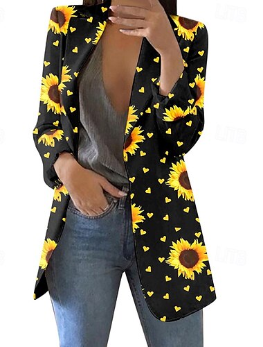  Dam Kavaj Bekväm Mönster Elegant Mode Ledigt Blommig Utekväll Ledigt / vardag Cardigan Normal Kavajslag Normal Långärmad Ytterkläder Svart Gul Grön Vår Höst