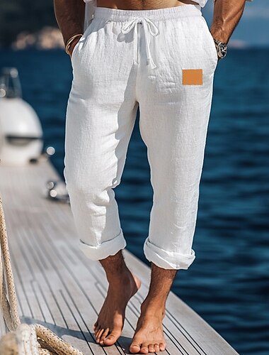  Hombre Pantalones de lino Pantalones Pantalones de verano Pantalones anchos Pantalones de playa Cintura elástica Correa Pierna recta Plano Comodidad Transpirable Longitud total Exterior Festivos Playa
