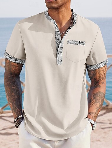  Herren Paisley-Muster Ethnisch Hemd Henley Hemd Stehkragenhemd Kurzarm Vintage-Retro Urlaub Täglich Sommer Frühling Mandarinkragen Stehkragen Knöpfe Eine Tasche vorne Leinenähnliches Hemd Rosa Blau