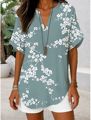  Femmes Chemise Bohème Fleuri Graphique Élégant Quotidien Occasionnel Manche Courte Col en V Hauts Réguliers Quotidien Fête Vert cendré Violet Vert Été Printemps