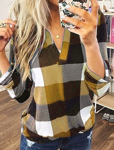  Per donna Camicia Blusa Plaid Moderno Casual Manica Lunga Scollo a V Top Regolari Ferie Uscire Giallo Rosso Viola Arancione Verde Autunno