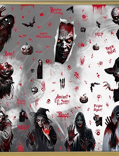  9 Sheets Halloween Window Cling Sticker Decals Decorations Double Side, Grim Reaper Ghost Skeleton Shadow Bat Static Stickers for Store Window Display and Glass Decor