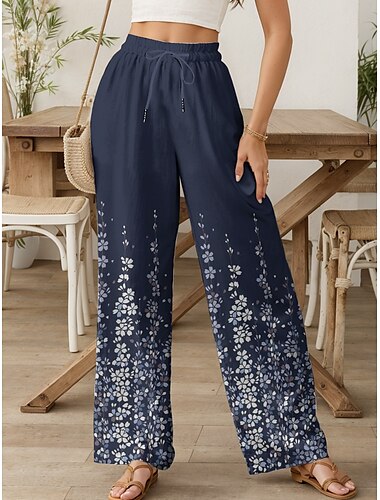  Femmes Culottes Jambe Large Chinos Pantalons Amples Vacances ancien Mode Longueur complète Taille haute Fleuri Graphique Dégradé Ceinture Élastique Impression Respirant Doux Micro-Élastique Formel