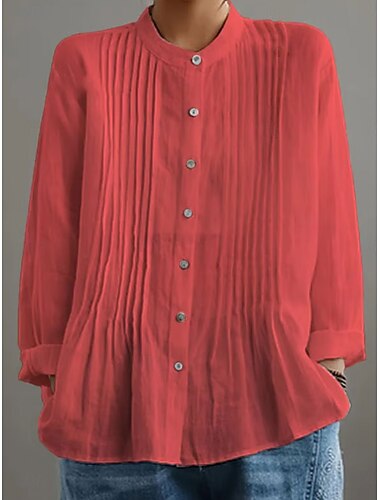  Damen Bluse aus Baumwolle und Leinen, einfarbig, elegant, lässig, langärmlig, hoher Halsausschnitt, normale Oberteile, Alltag, Urlaub, Knöpfe, schwarz, weiß, gelb, rot, blau, Sommer, Herbst