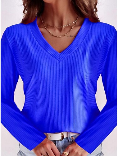  Damen Bluse Einfarbig Basic Lässig Langarm V Ausschnitt Normale Oberteile Täglich Blau Fuchsie Leicht Blau Sommer Frühling