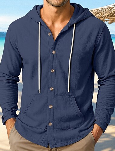  Herren Hemd Leinenhemd Sommerhemd Strandbekleidung Kapuzenhemd Hemden zum Herausstecken Einfarbig Urlaub Straße Schwarz Weiß Marineblau Grün Langarm Kapuzenpullover Sommer Frühling Bekleidung Mit