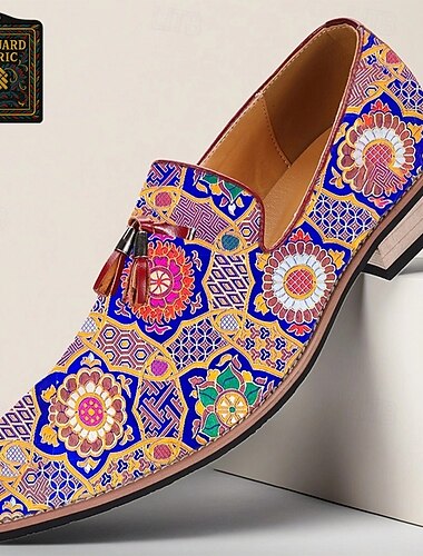  Mocassins pour hommes en tissu jacquard à motif floral marocain, semelle en similicuir, chaussures habillées artistiques à enfiler pour garçons d'honneur, artistes et événements culturels