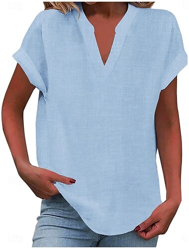 Femmes Chemise Couleur Unie Élégant Occasionnel Manche Courte Col en V Hauts Réguliers Quotidien Noir Blanche Bleu Abricot Été Printemps