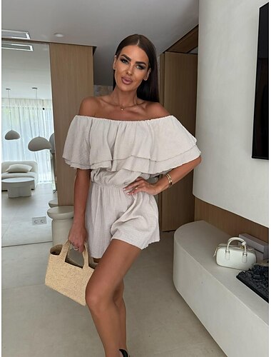  בגדי ריקוד נשים Rompers מסוגנן צבע אחיד שרוולים קצרים סירה מתחת לכתפיים קפלים גב חשוף יומי ליציאה רגיל שחור תלתן משמש קיץ