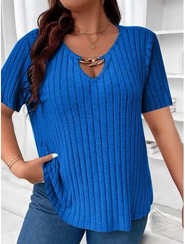  Damen Übergröße Oberteile T Shirt Einfarbig Patchwork Kurzarm V Ausschnitt Mode Streetwear Lässig Täglich Wochenende Gestrickt Sommer Königliches Blau Braun