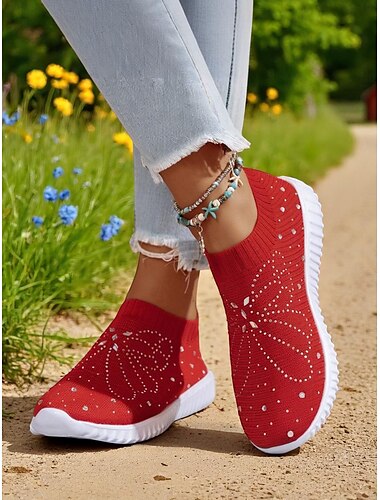  Γυναικεία κόκκινα slip-on παπούτσια πεζοπορίας με flyknit – ελαφριά, αναπνεύσιμα αθλητικά παπούτσια για βόλτες σε εξωτερικούς χώρους, ταξίδια και εργασίες στον κήπο