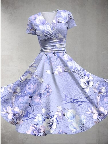 Damen Midikleid Sommerkleid Figurbetontes Kleid Party Lässig Täglich Ferien Normale Passform Blumen Grafik Kurzarm V Ausschnitt Rosa Blau Purpur Grün Sommer