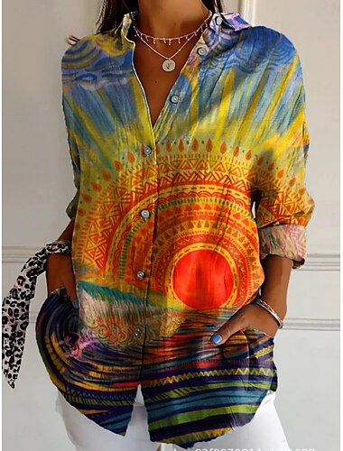  Dames Overhemd Grafisch Zon Retro vintage Etnisch Lange mouw Overhemdkraag Normale tops Dagelijks Feestdagen Knop Afdrukken Geel Zomer