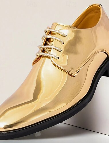  Gouden glanzende veterschoenen voor heren – gladde laklederen afwerking, perfect voor bruiloften en formele avondevenementen