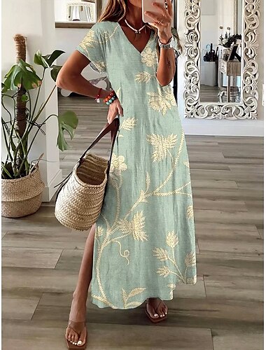  Damen Maxikleid Freizeitkleid Sommerkleid A Linie Kleid Elegant Urlaub Lässig Strand Normale Passform Blumen Grafik Kurzarm V Ausschnitt Hellgrün Grau Sommer Frühling