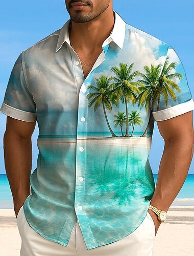 Herren Kokospalme Natur & Landschaft Tropische Pflanzen Sommer Hawaiihemd Knopfhemd Alohahemd Kurzarm Hawaiianisch Urlaub Strandbekleidung Sommer Frühling Umlegekragen 3D-Druck Hemden mit Kragen Blau