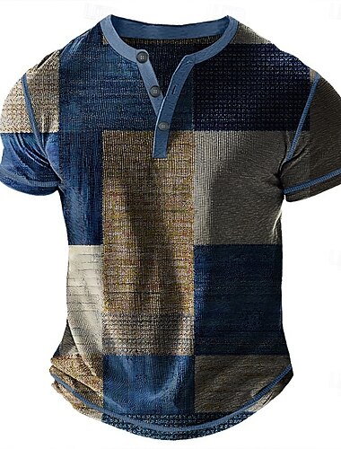  Hombre Geométrico Retazos Henley Shirt Camiseta de gofres Manga Corta Diario Retro Antiguo Clásico Deporte Casual Festivos Primavera verano Azul Verde Púrpura Marrón Gris Henley Camiseta Henley