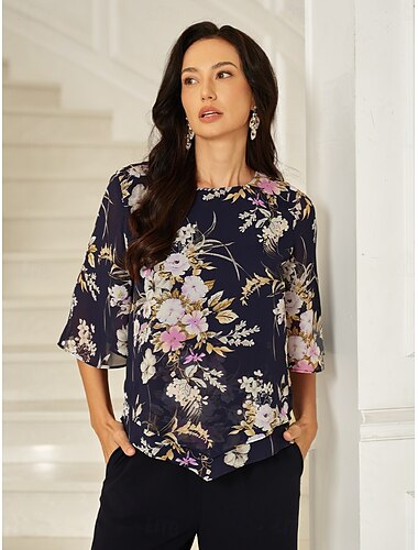  Damen Chiffon Tops Blumen Grafik Elegant Täglich Stilvoll Halbarm Glockenärmel Rundhalsausschnitt Normale Oberteile Hochzeitsgast Arbeit Täglich Geschichtet Marineblau Sommer Frühling Herbst