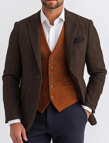  Blazer en tweed pour homme, blazer en laine à chevrons, marron, vert, gris, style rétro, coupe standard, simple boutonnage, deux boutons