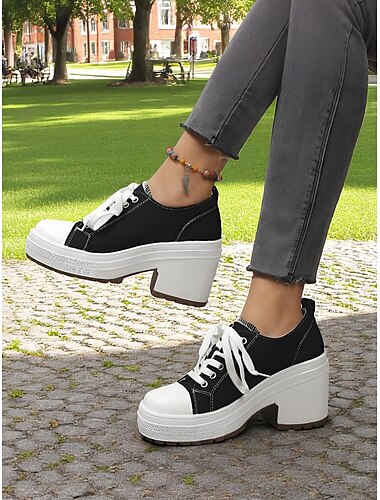  Schwarze Canvas-Sneaker mit Plateausohle und klobigem Absatz für Damen – Schnürschuhe im Retro-Streetstyle für Teenager und junge Erwachsene für den Alltag, das Campusleben und Freizeitausflüge