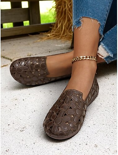  Weite Damen-Schlupfschuhe aus Leder – Blumen-Ausschnitt-Design, bequeme Slipper mit weicher Sohle für den Alltag, Bauernhofbesuche und Gartenpicknicks