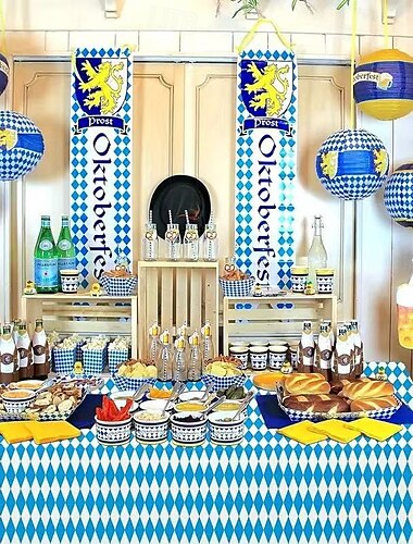  3dílný ubrus na Oktoberfest 137 x 274 cm, bavorská vlajka, modrý a bílý diamantový obdélníkový ubrus pro dekoraci na párty s tématem Oktoberfestu
