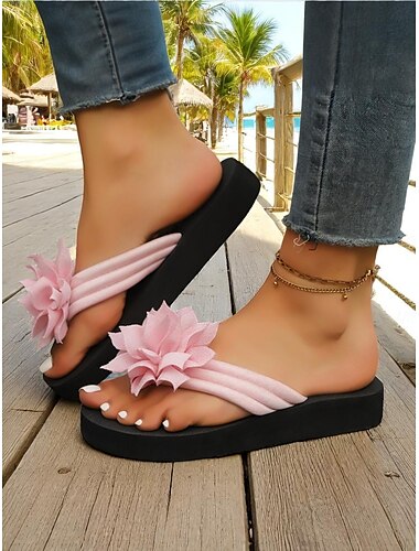  Beigefarbene Flip-Flops mit Blumenmuster für Damen mit gepolsterter Sohle, lässige Strandsandalen für den Sommerurlaub und zum Entspannen am Pool