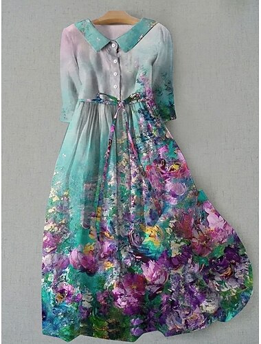  Damen Midikleid Shiftkleid Lässig Täglich Normale Passform Blumen Grafik Halbarm Hemdkragen Blau Grün Grau Sommer Frühling