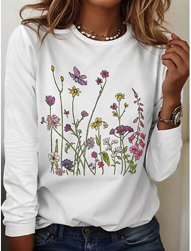  Dames T-shirt Bloemig Grafisch Planten Vintage Stijlvol Klassiek Lange mouw Strakke ronde hals Ronde hals Normale tops Dagelijks Afdrukken Zwart Wit Khaki Zomer Lente Herfst