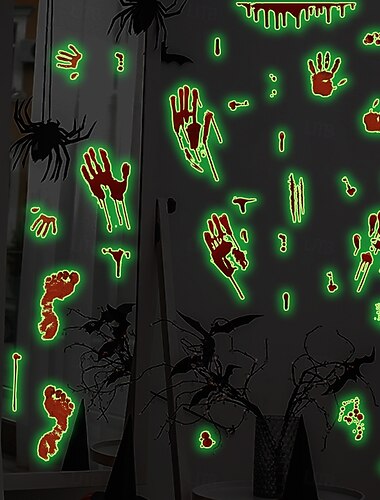  Adesivi di Halloween che si illuminano al buio, adesivi murali luminosi con impronte di mani e piedi insanguinati, decorazioni autoadesive per pareti e finestre con atmosfera di Halloween