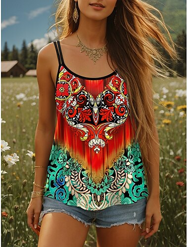  Dam Camisole linne Grafisk Geometrisk Vintage Stylish Ärmlös Rund hals Vanliga toppar Dagligen Helgdag Mönster Svart Rubinrött Blå Sommar Vår