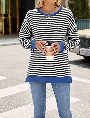  Damen Pullover Gestreift Streetwear Lässig Bequem Langarm Rundhalsausschnitt Normale Oberteile Straße Ferien Ausgehen Druck Schwarz Rosa Rote Blau Herbst