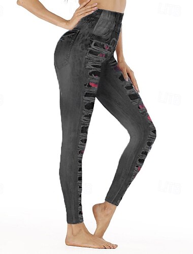  Damen Stoffhosen Leggings Streetwear Lässig Volle Länge Natürliche Taille Blume Elastischer Bund Druck Bequem Außenbereich Urlaub Ausgehen Grau Schwarz Blau Herbst Normale Passform