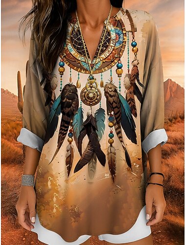  Tunica da donna a blusa V collo maniche lunghe boho casual top ombre grafico bohemia vintage tropicale tops regolari per uso quotidiano stampa gialla rossa blu viola fucsia