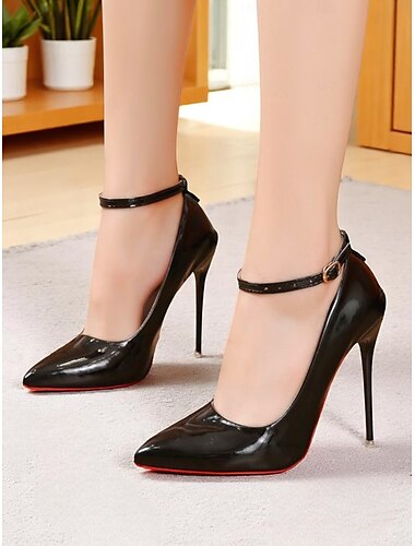  Schwarze Stiletto-Absätze aus Lackleder für Damen mit Knöchelriemen – sexy High Heels mit spitzer Spitze für Partys und Clubwear im Nachtleben