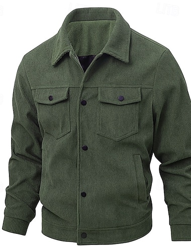  Men's Shirt Jacket Corduroy Jacket Casual Daily Breathable Pocket Spring &  Fall Plain Classic Lapel Regular Black White Dark Green Brown Jacket