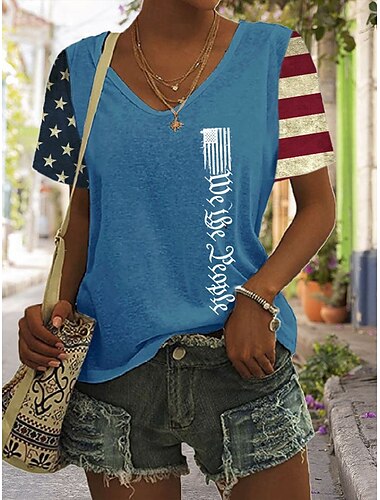  独立記念日 女性の愛国的な7月4日 Tシャツ グラフィック フラッグ ヴィンテージ スタイリッシュ クラシック ショートスリーブ Vネック レギュラー トップス デイリープリント 黒 青 緑 グレー 夏 春