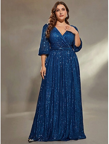  A-Linie Abendkleid Elegant Kleid Formell Hochzeit Bodenlang Langarm V Ausschnitt Paillettenbesetzt mit Paillette 2025