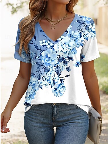  女性用 Tシャツ フラワー グラフィック 植物 スタイリッシュ クラシック カジュアル 半袖 Ｖネック レギュラートップス 日常 週末 プリント ピンク ブルー パープル グリーン 夏 春